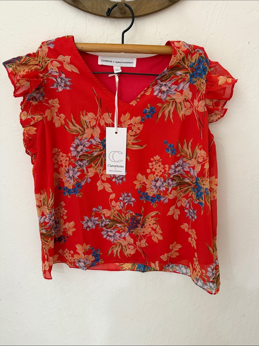 Curations X Sarah Anderson Red Floral Cap Sleeve Ruffle V Neck Blouse Large